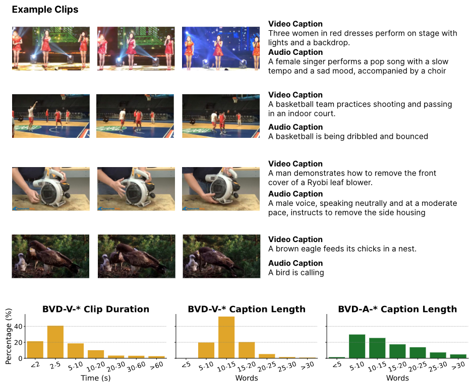 Extracted clips with generated video and audio captions